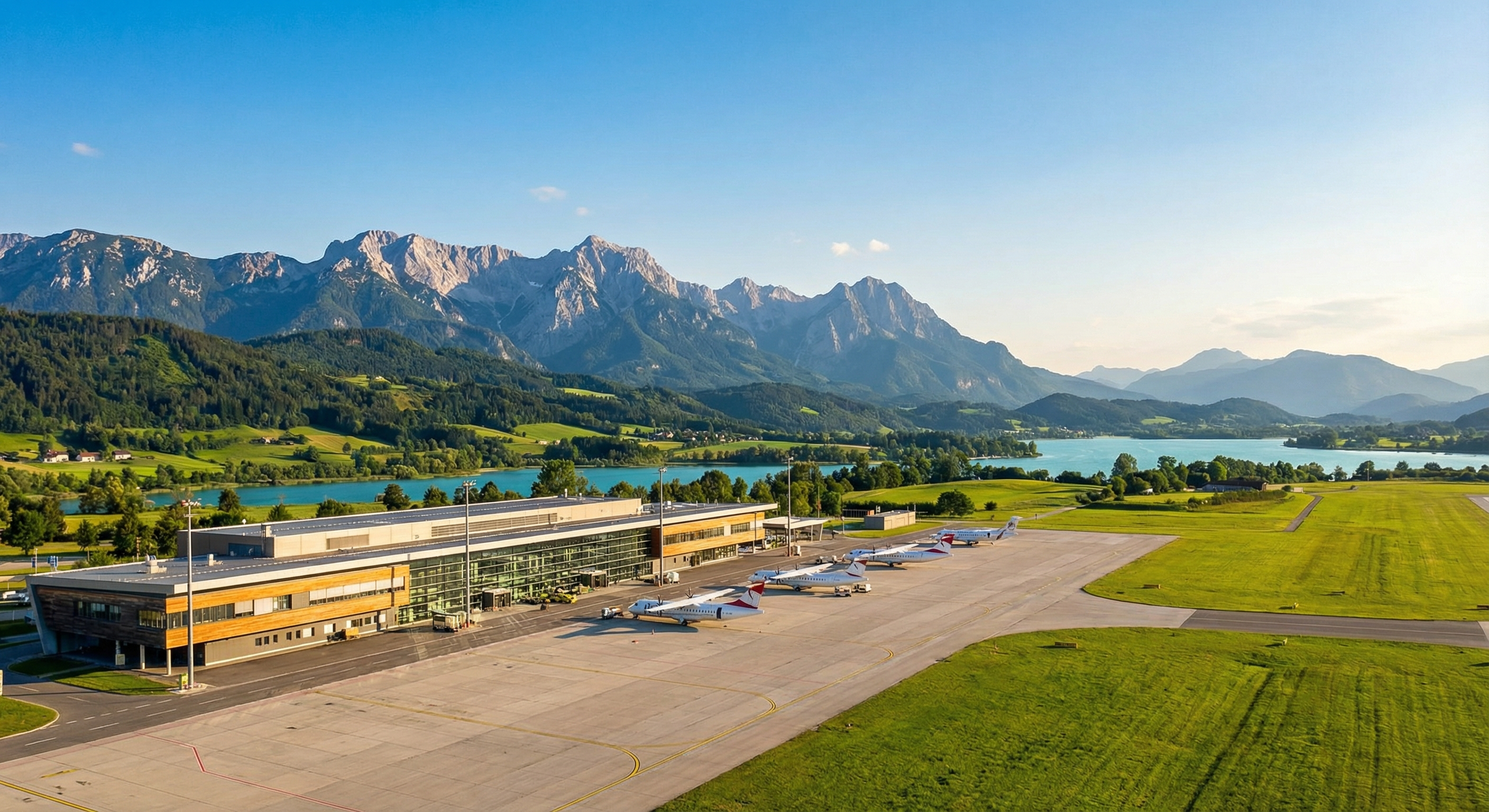 Flughafen Klagenfurt mit Blick auf die Karawanken und Kärntner Seen